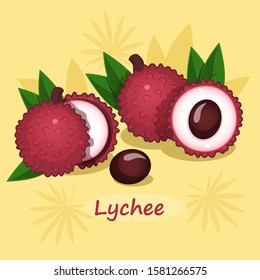 Illustration of lychee with green leafs on yellow background