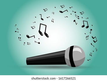 Illustration with a lying microphone for singing and with flying musical notes over it on a gradient mint background. 