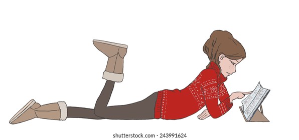 Illustration of lying relaxing girl reading a book