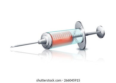 illustration of lying syringe with red liquid inside with reflection