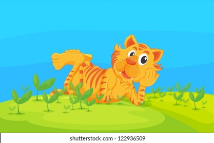 Illustration of a lying tiger in a beautiful nature