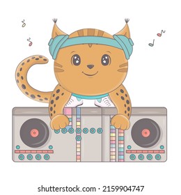 An illustration of a lynx behind a DJ console. Vector illustration of a cute animal. Cute little illustration lynx for kids, fairy tales, covers, baby shower invitation, textile t-shirt, baby book.