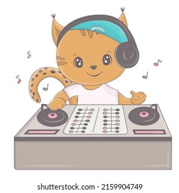 An illustration of a lynx behind a DJ console. Vector illustration of a cute animal. Cute little illustration lynx for kids, fairy tales, covers, baby shower invitation, textile t-shirt, baby book.