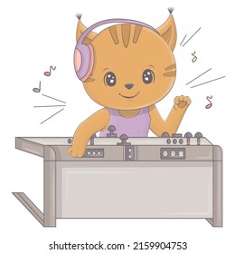 An illustration of a lynx behind a DJ console. Vector illustration of a cute animal. Cute little illustration lynx for kids, fairy tales, covers, baby shower invitation, textile t-shirt, baby book.