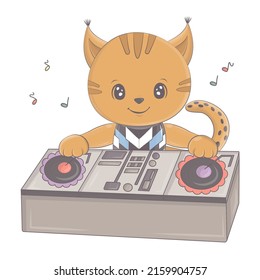 An illustration of a lynx behind a DJ console. Vector illustration of a cute animal. Cute little illustration lynx for kids, fairy tales, covers, baby shower invitation, textile t-shirt, baby book.