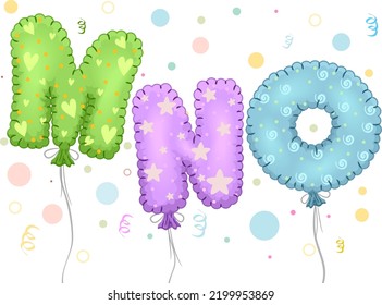 Illustration Of M N O Letters Mylar Balloons Floating With Confetti