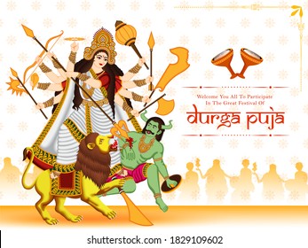 Illustration of maa durga kill mahishasur and couple dancing with dhunchi for celebration Durga puja or subho bijoya.