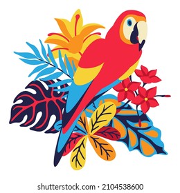 Illustration of macaw parrot with tropical plants. Exotic decorative bird, flowers anf leaves.