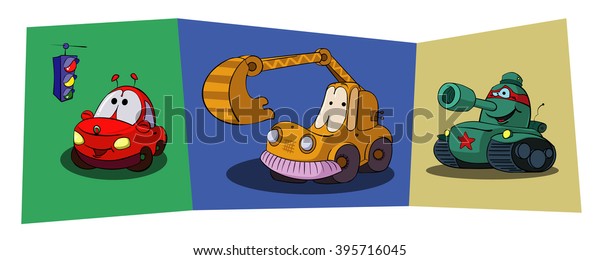 Illustration machines.\
Car, excavator,\
tank