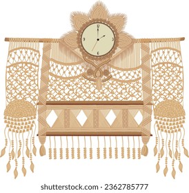 ilustración de un macrame para una estantería colgante con reloj en el centro, con fines interiores. macrame es una forma de arte hecha de cuerda, se puede usar como diseño de interiores