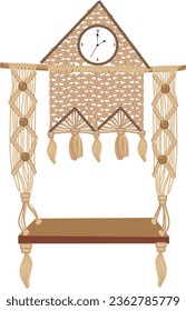 an illustration of a macrame for a hanging bookshelf with round clock in the center, for interior purposes. macrame is an art form made from rope, it can be used as interior design