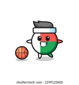 Illustration of madagascar flag badge cartoon is playing basketball , cute design