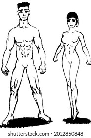 The illustration was made by hand. A man and a woman are depicted here. They have an athletic figure, are athletic and muscular.