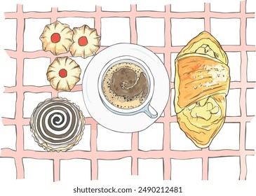 Illustration made in colored pencils and watercolors for a bakery shop, converted into vector