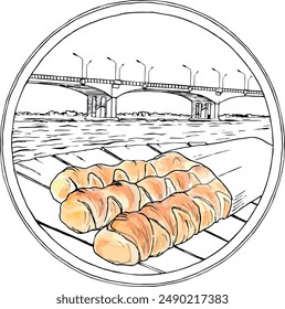Illustration made in colored pencils and watercolors for a bakery, converted to vector