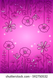 Illustration made of decorative flowers and plants with sparkles, nature of wild field and meadow. Vector sketch in purple colors. Can be used for cards and invitations.