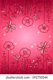Illustration made of decorative flowers and plants with sparkles, nature of wild field and meadow. Vector sketch in pink colors. Can be used for cards and invitations.