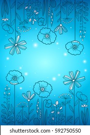 Illustration made of decorative flowers and plants with sparkles, nature of wild field and meadow. Vector sketch in blue colors. Can be used for cards and invitations.