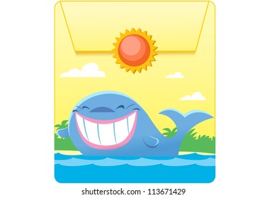 Illustration made in the form of a pocket with a button. The figure show a funny blue whale in the sea. Illustration done in cartoon style on separate layers.