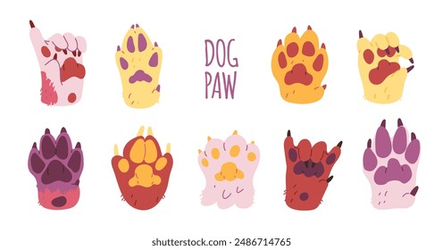 The illustration is made in a playful vector style: dog paws with different gestures: a sign of approval, a rock gesture, a raised thumb, on a white background.