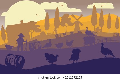 The illustration is made in the style of cards. May be used for Labor Day holiday on September 6th. Shown here is a turkey farm, mill, hangar, farmer and turkeys