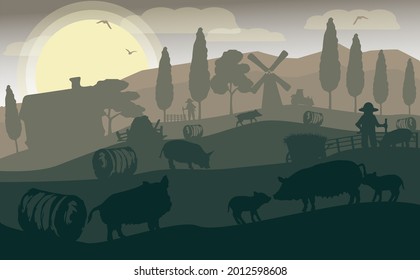 The illustration is made in the style of cards. May be used for Labor Day holiday on September 6th. Shown here is a turkey farm, mill, hangar, farmer and pigs

