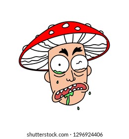 Illustration of a madman in a mushroom hat. Vector. Flat outline style. Cartoon, funny patient. Avatar of a man who admired mushrooms.