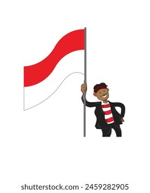 Illustration Madura East Java Indonesia male cartoon character hold Indonesia flag
