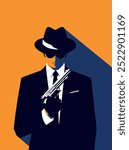 Illustration of a mafia hitman holding gun and wearing fedora hat and sunglasses.