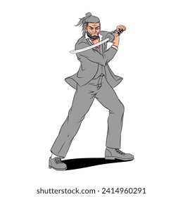 illustration of a mafia in a suit posing wielding a samurai sword