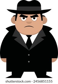 Illustration of a mafia wearing a black hat and a black suit