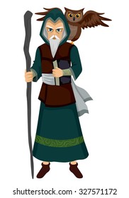 Ilustração de um Mago com uma Coruja como Seu Espírito Familiar