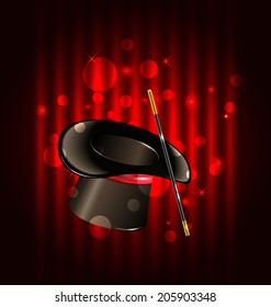 Illustration magic background with top hat and wand - vector