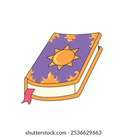 ilustração de um livro de magia com ornamentos de ouro e um sol central.