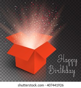 Illustration of Magic Box with Confetti and Magic Light. Happy Birthday Realistic Magic Open Box.