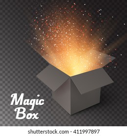 Illustration of Magic Box with Confetti and Magic Light. Realistic Magic Open Box. Magic Gift Box with Magic Light Comming from Inside Isolated on Transparent Overlay Background