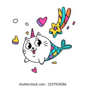 Illustration of a magic cat in the form of a mermaid. Vector. Cartoon character cat in the image of a unicorn with hearts and a star. Kawaii character. Mythical creature. Sticker for girls.