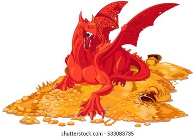Illustration of magic dragon on the pile of gold