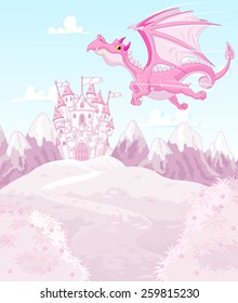 Illustration of magic dragon on princess castle background