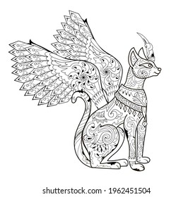 Illustration of magic fairyland animal from ancient legend. Black and white page for kids coloring book. Print for logo or tattoo. Sheet for drawing and meditation for children and adults.