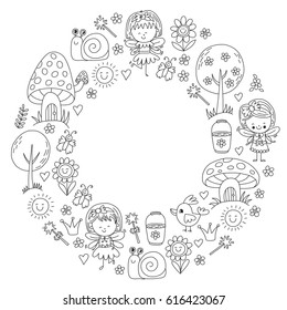 Illustration of magic forest with Fairies Doodle pattern for girls and kindergarten, children shop Kids drawing style