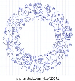 Illustration of magic forest with Fairies Doodle pattern for girls and kindergarten, children shop Kids drawing style