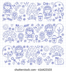 Illustration of magic forest with Fairies Doodle pattern for girls and kindergarten, children shop Kids drawing style