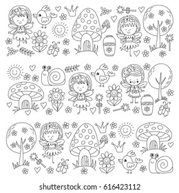 Illustration of magic forest with Fairies Doodle pattern for girls and kindergarten, children shop Kids drawing style