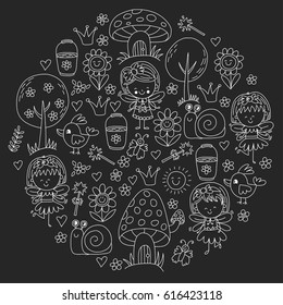 Illustration of magic forest with Fairies Doodle pattern for girls and kindergarten, children shop Kids drawing style