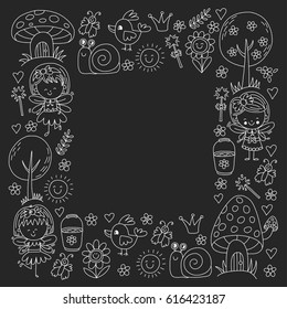 Illustration of magic forest with Fairies Doodle pattern for girls and kindergarten, children shop Kids drawing style