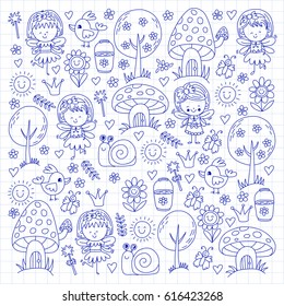 Illustration of magic forest with Fairies Doodle pattern for girls and kindergarten, children shop Kids drawing style