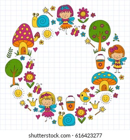 Illustration of magic forest with Fairies Doodle pattern for girls and kindergarten, children shop Kids drawing style