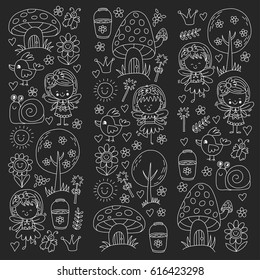Illustration of magic forest with Fairies Doodle pattern for girls and kindergarten, children shop Kids drawing style