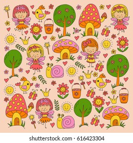 Illustration of magic forest with Fairies Doodle pattern